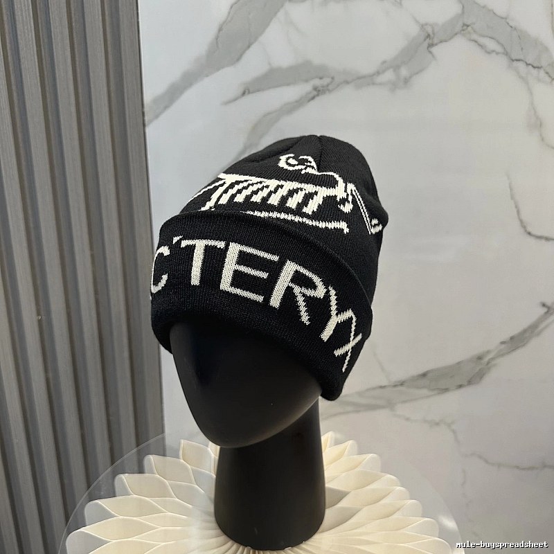 Black White Ribbed Knit Beanie with Arc'teryx Lettering